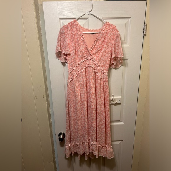 Women's Spring Summer Casual Deep V Neck Ruffle Short Sleeve Floral Midi Dress - Picture 7 of 10